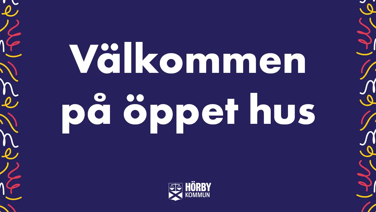 Blå bakgrund med texten välkommen på öppet hus