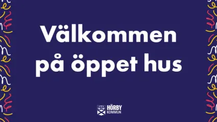 Blå bakgrund med texten välkommen på öppet hus