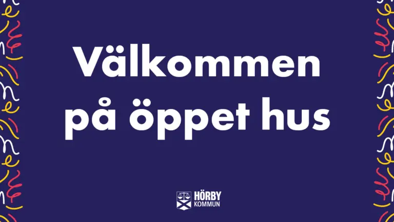 Blå bakgrund med texten välkommen på öppet hus