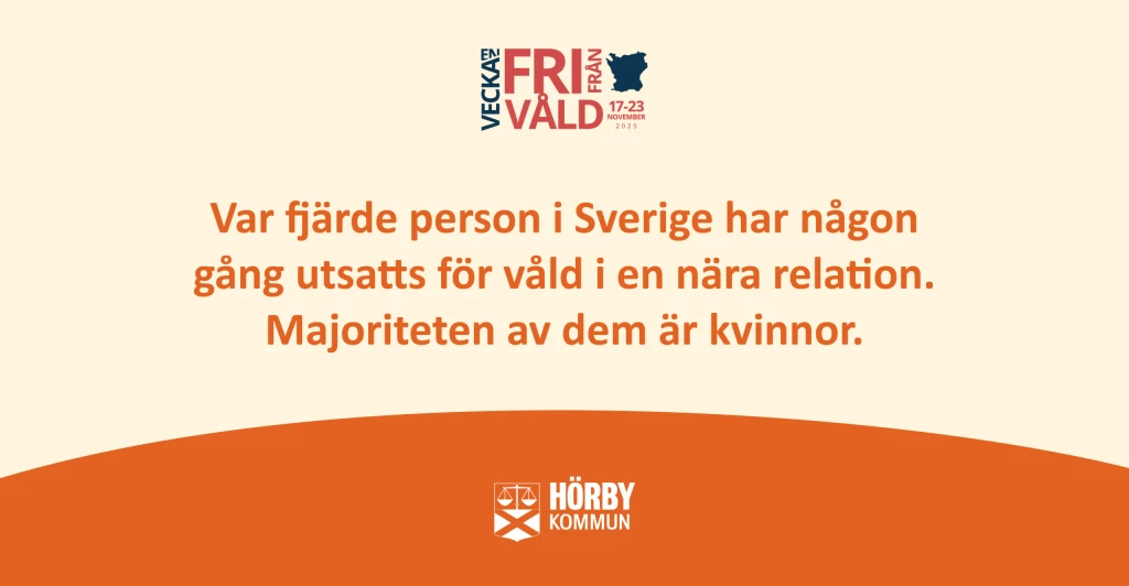 En bild med orangea grafiska inslag, där det står "Var fjärde person i Sverige har någon gång utsatts för våld i en nära relation. Majoriteten av dem är kvinnor."