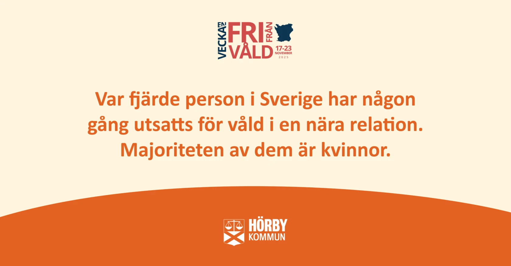En bild med orangea grafiska inslag, där det står "Var fjärde person i Sverige har någon gång utsatts för våld i en nära relation. Majoriteten av dem är kvinnor."