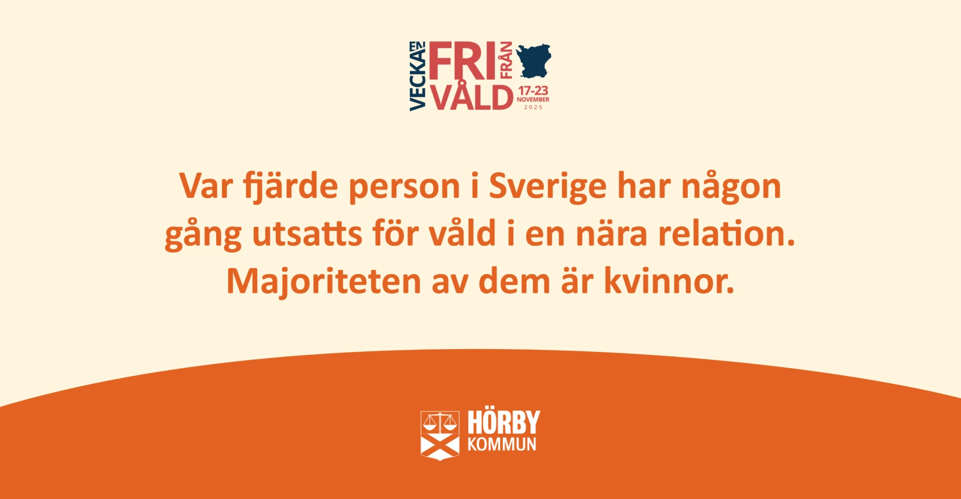 En bild med orangea grafiska inslag, där det står "Var fjärde person i Sverige har någon gång utsatts för våld i en nära relation. Majoriteten av dem är kvinnor."
