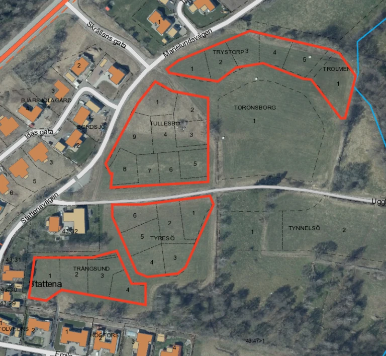 Kartbild uppifrån, med aktuella fribyggartomter utmarkerade