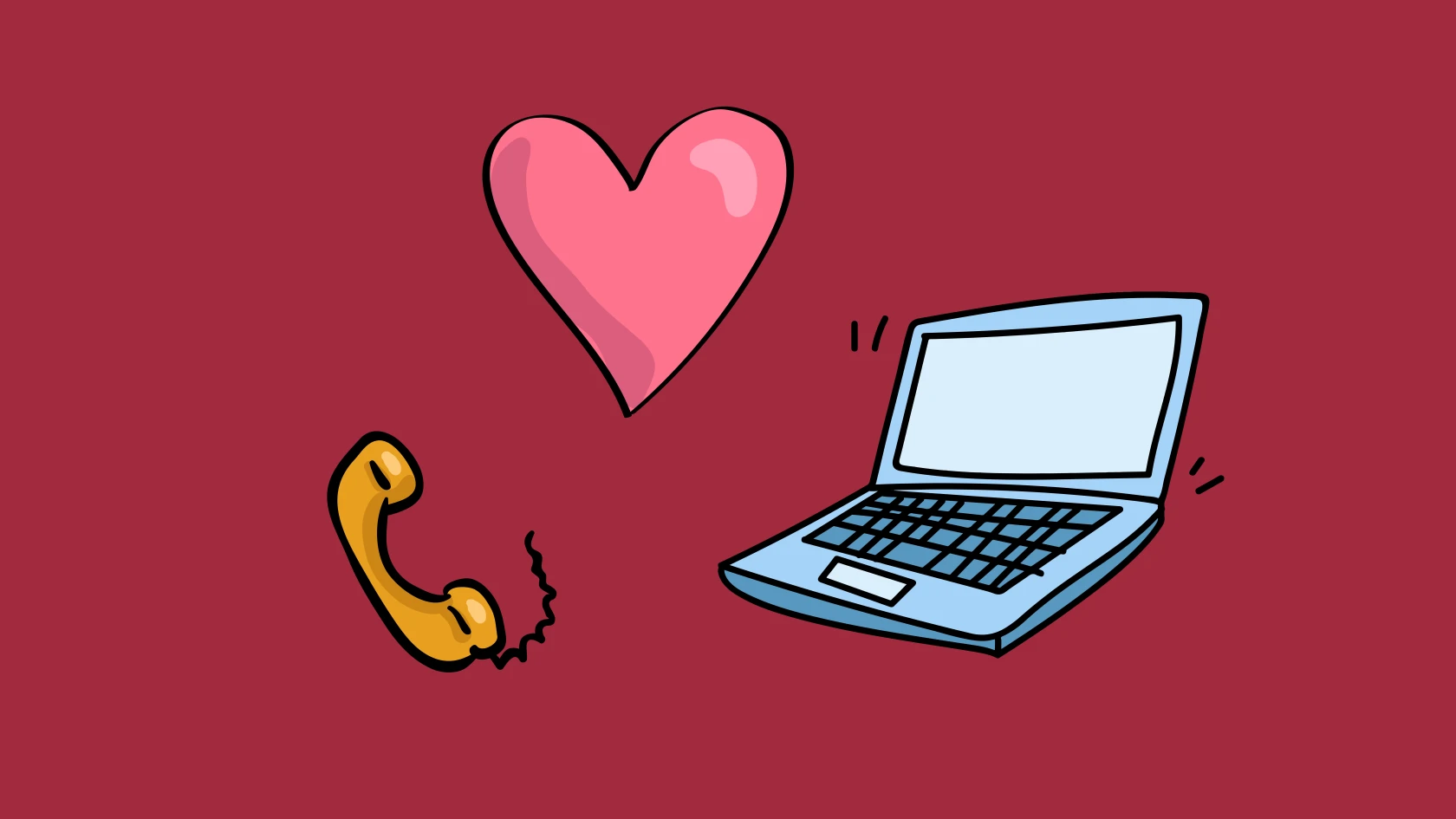 Illustrationer av en telefon, en laptop och ett hjärta på en röd bakgrund