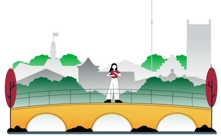 En illustration av en tjej som står på en bro