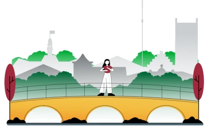 En illustration av en tjej som står på en bro