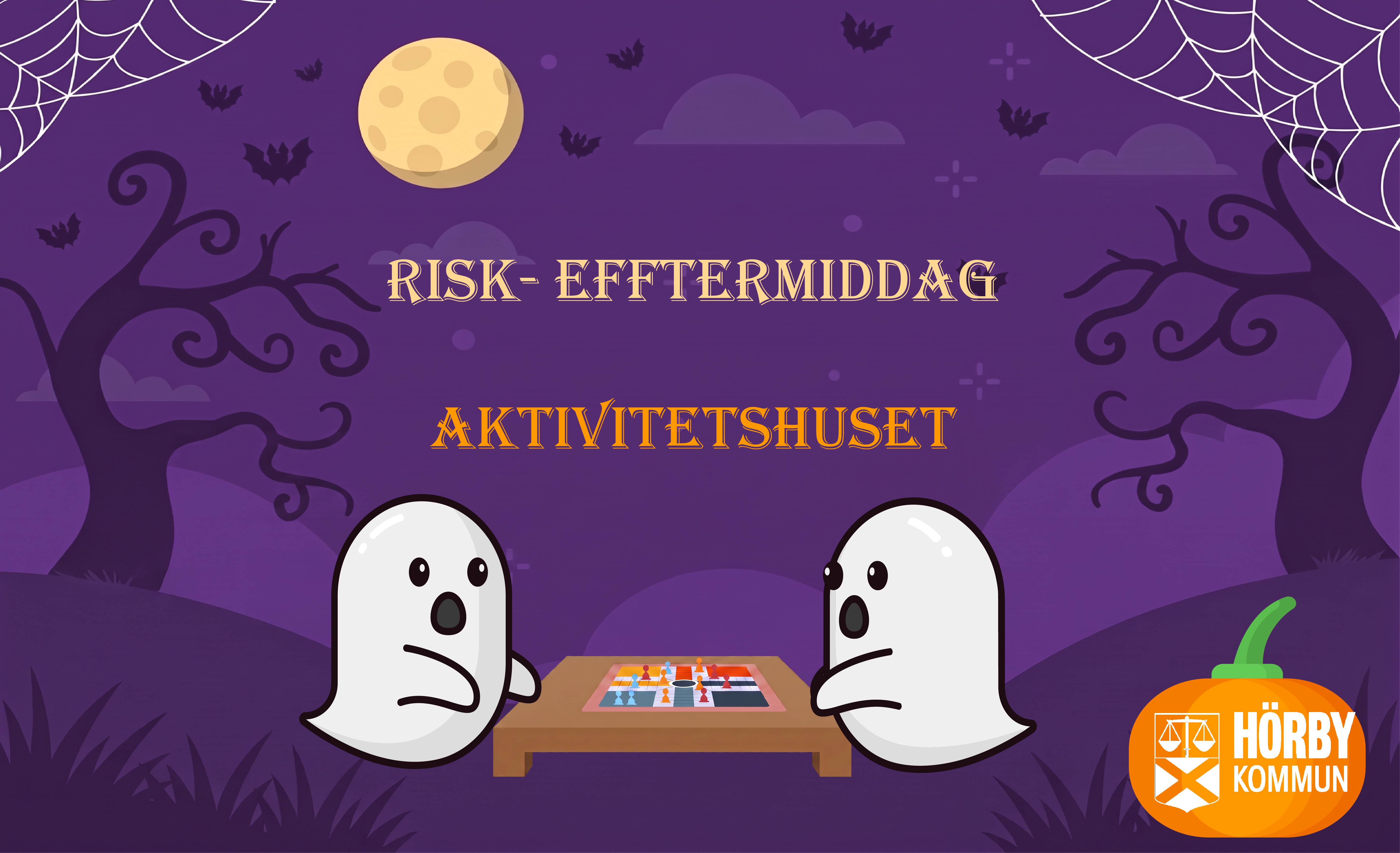 En lila bild p&aring; tv&aring; sp&ouml;ken som spelar ett br&auml;dspel, p&aring; bilden st&aring;r texten "RISK-efftermiddag"
