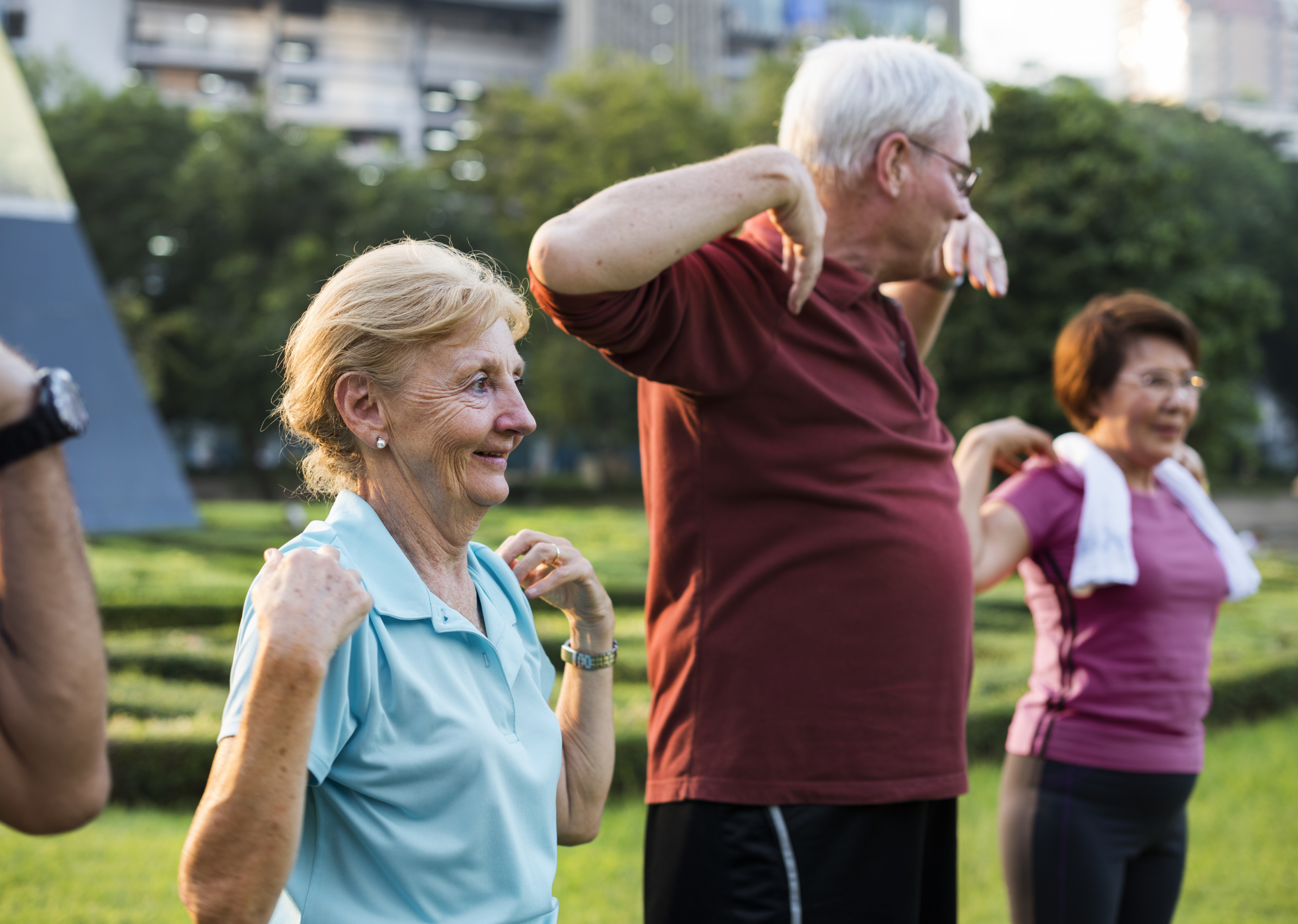En grupp pensionärer stretchar tillsammans utomhus i en park.