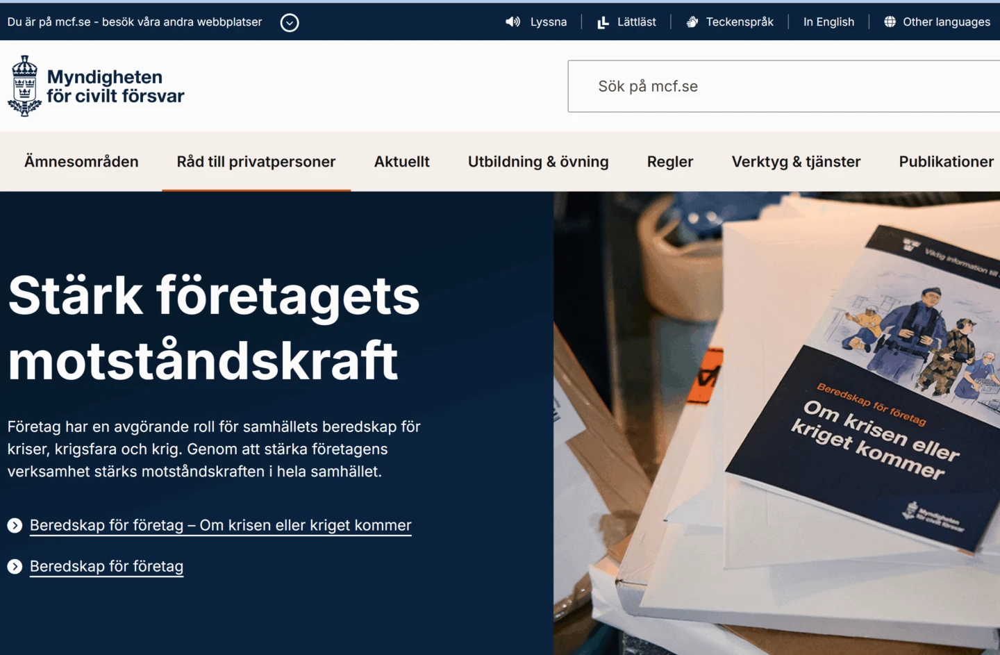 Skärmdump från MCF:s förstasida