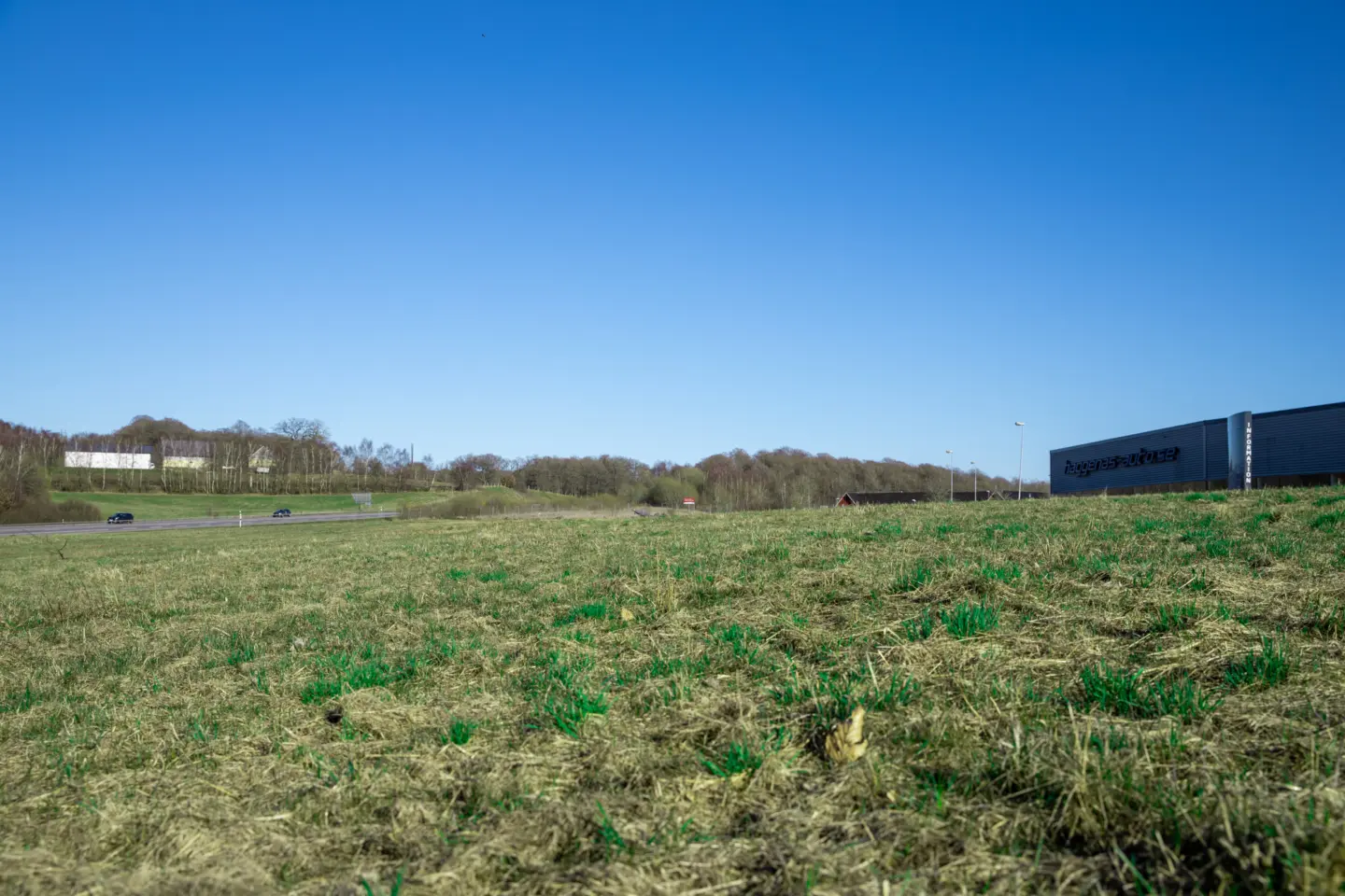 Grön ängsmark möter blå himmel. I horisonten syns ett skogsbryn och framför det skymtar vi en motorväg som några bilar åker på.