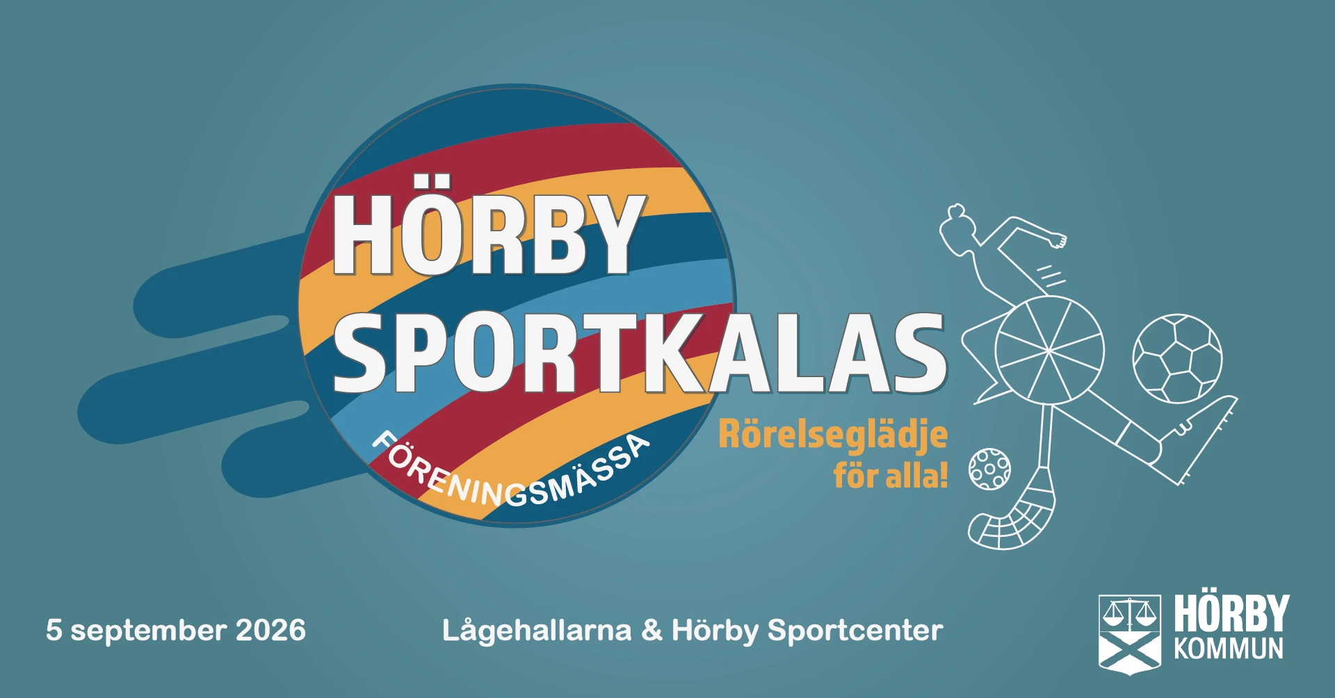 En blå bakgrund med Hörby sportkalas färgglada logotyp.