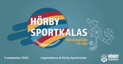 En blå bakgrund med Hörby sportkalas färgglada logotyp.
