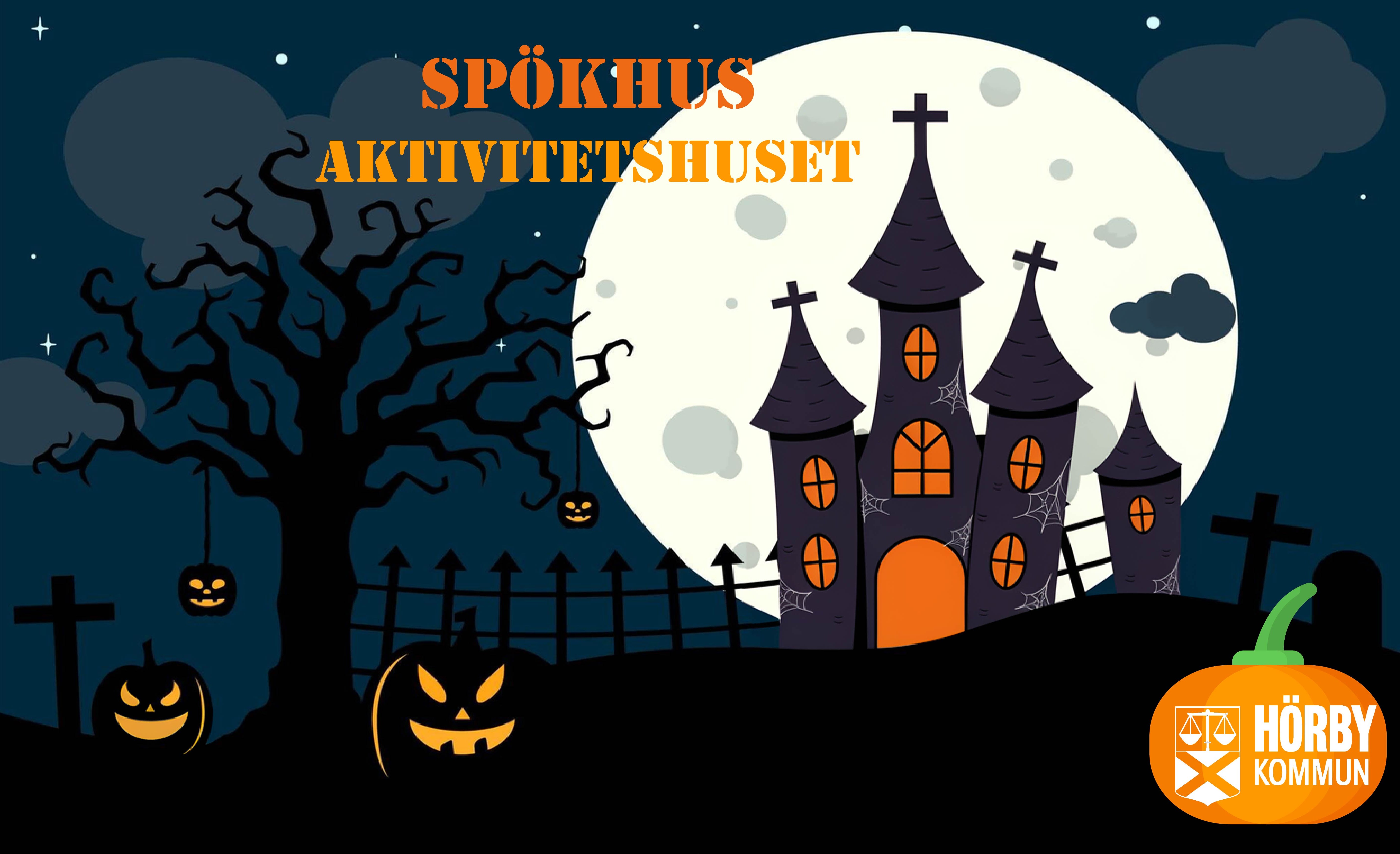 En slott och ett tr&auml;d med m&aring;nga pumpor, p&aring; bilden st&aring;r texten "Sp&ouml;khus"
