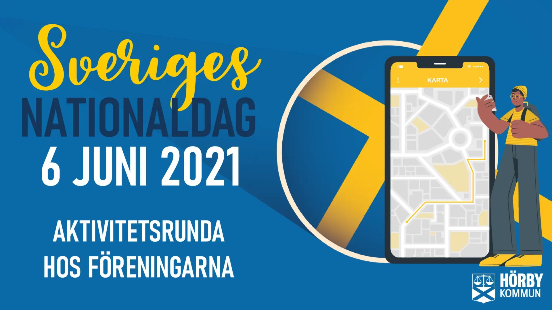 Sveriges Nationaldag 6 juni 2021. Gul och blå flagga. mobiltelefon med karta.
