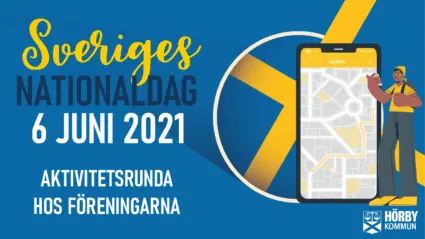 Sveriges Nationaldag 6 juni 2021. Gul och blå flagga. mobiltelefon med karta.