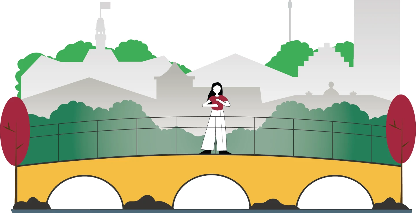 illustration av person som står på en bro med en stad i bakgrunden