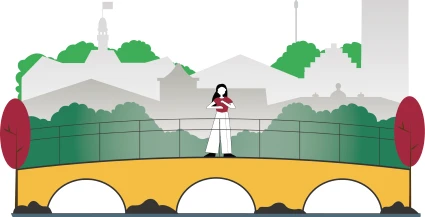 illustration av person som står på en bro med en stad i bakgrunden