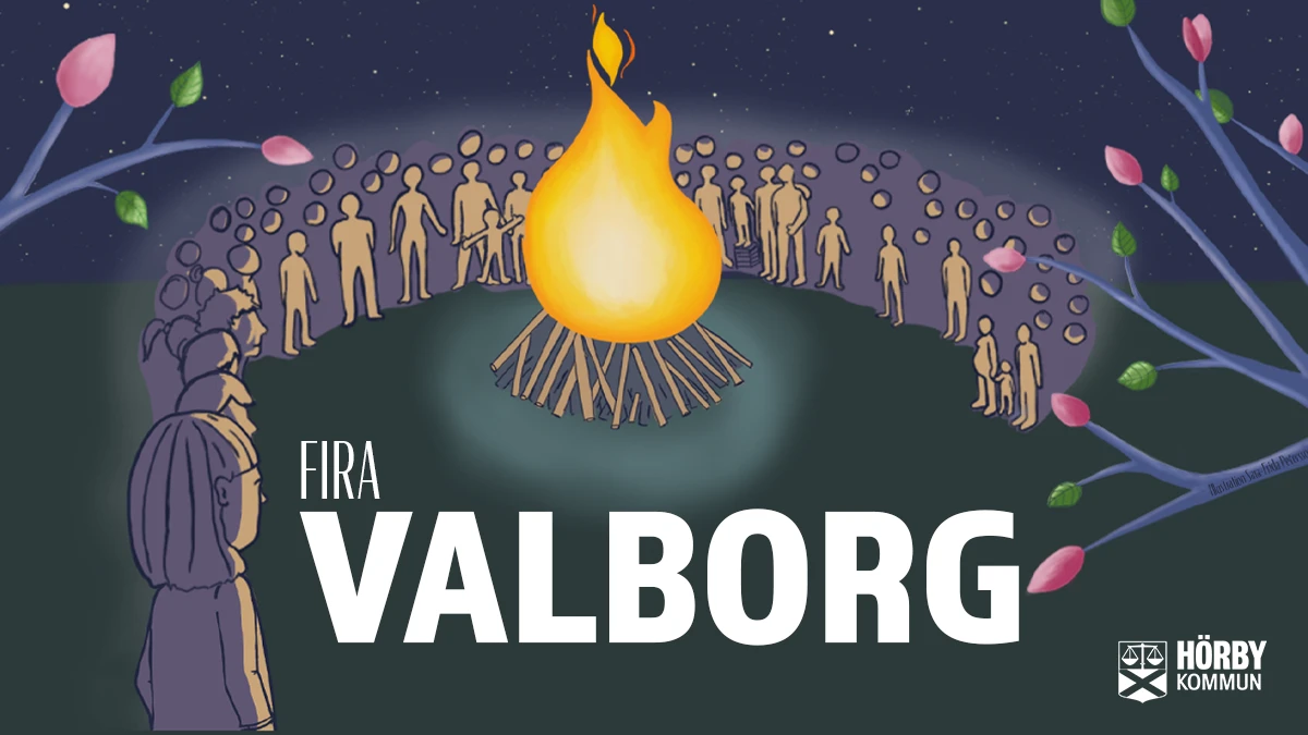 Bild för Valborg med en brasa med människor och logga Hörby kommun.