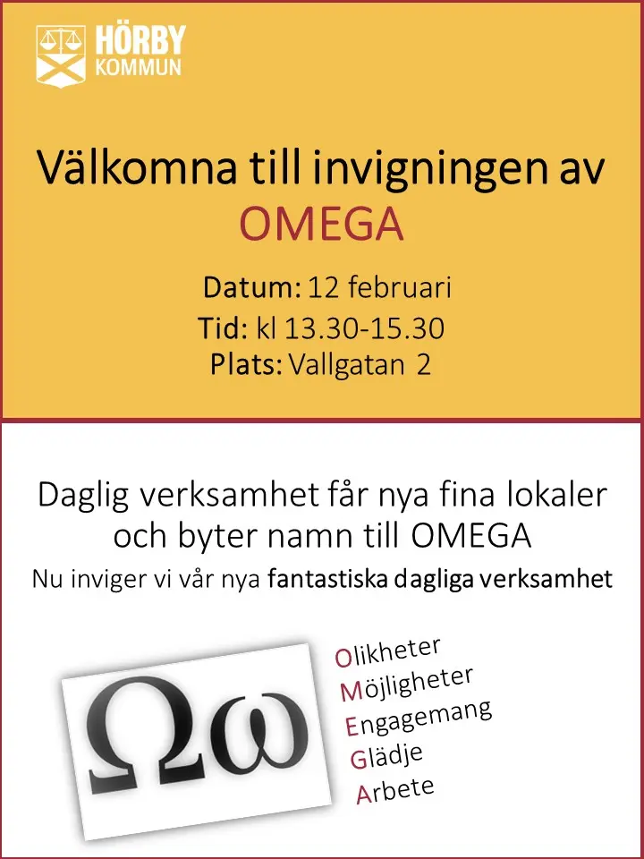 inbjudan invigning gul och vit omegatecken