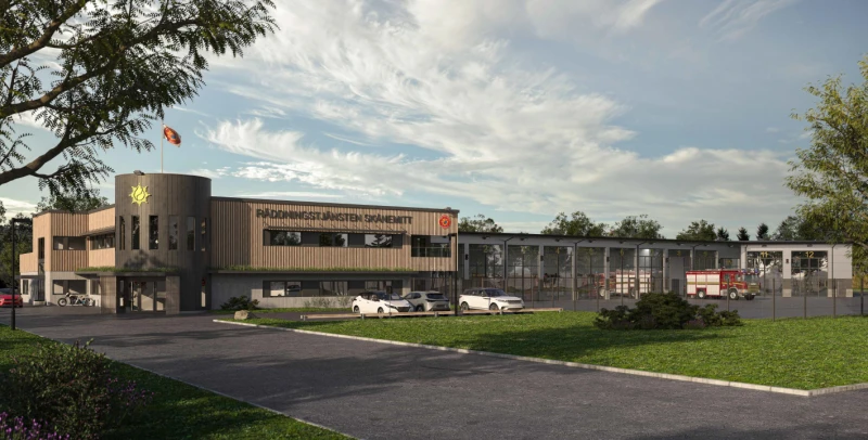 Den nya brandstationen beräknas stå färdig sommaren 2027. Illustration: Pontarius